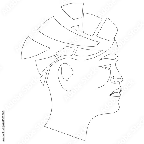 Memory loss and dementia, brain damage concept. Profile of sad person losing parts of his head as symbol of reduced function of brain and mind. Line vector illustration