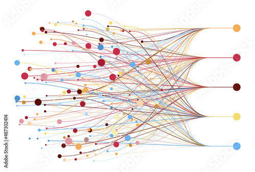 Abstractly arranged colored dots are connected by lines with sorted dots. Data concept.
