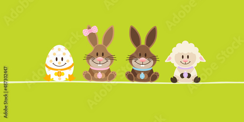 Schaf, 2 Osterhasen Mädchen/Junge & Osterei Banner Grün