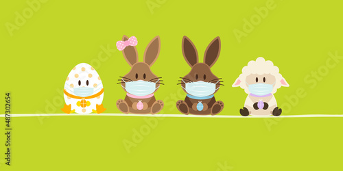 Schaf, 2 Osterhasen Mädchen/Junge & Osterei Maske Banner Grün