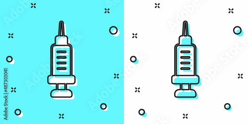 Black line Addiction to the drug icon isolated on green and white background. Heroin, narcotic, addiction, illegal. Sick junkie with a syringe and medical pills. Random dynamic shapes. Vector