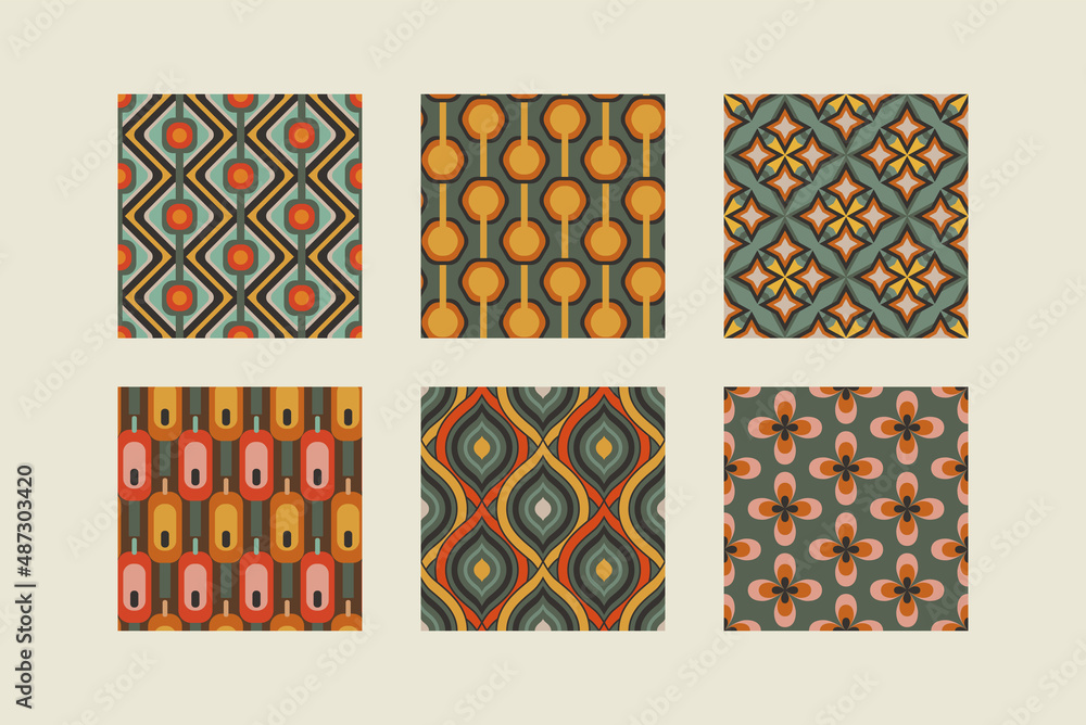 Set of vector retro seamless patterns, inspired by prints from the 60s ...