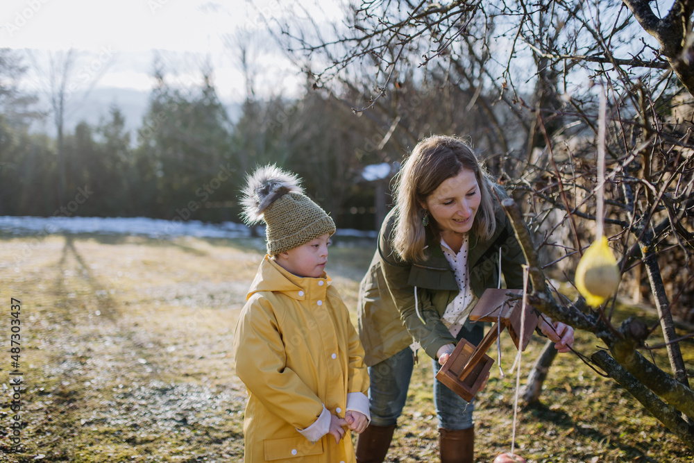 Naklejka premium Boy with Down syndrome with his mother hanging birdhouse in garden in winter together.