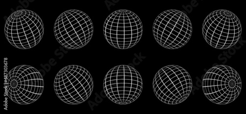 3D White Globe Grid Sphere Set on Black Background. Geometric Round Grid Mesh Ball. Wireframe Globe Surface. Wire Global Earth Latitude and Longitude. Wired Line 3D Planet Globe. Isolated Vector