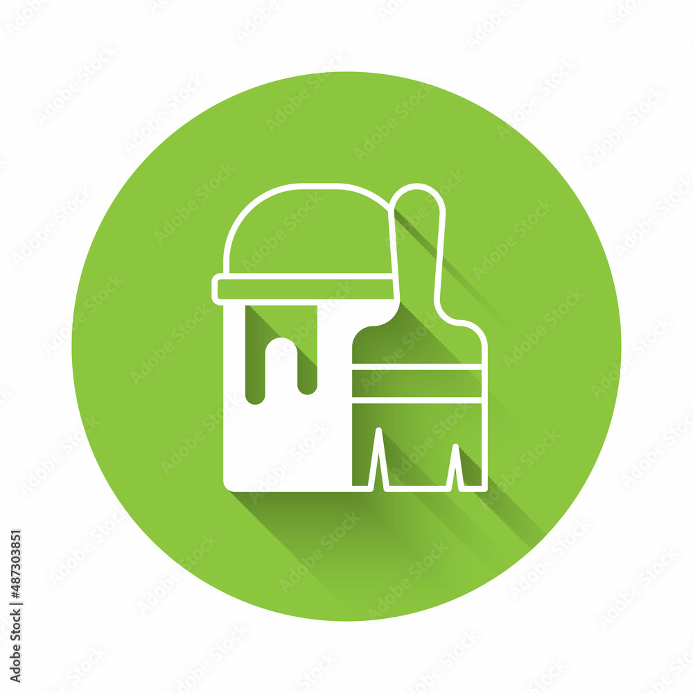White Paint bucket with brush icon isolated with long shadow background. Green circle button. Vector White Paint bucket with brush icon isolated with long shadow background. Green circle button. Vector