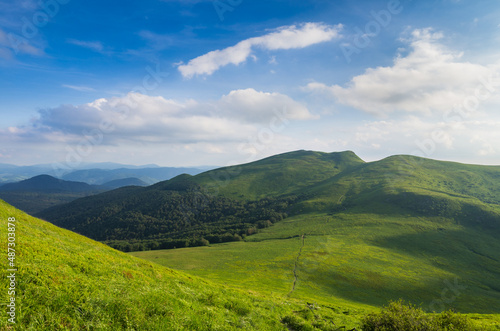 Green Bieszczady, View from Bukowe Berdo sunny day, Spring in the mountains