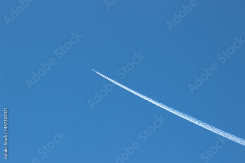 Flying plane against the blue sky as a background.