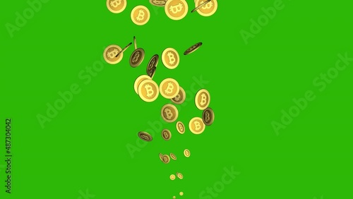 3D gold Bitcoins fly out from one explosion point. Bitcoin Crypto currency. BTC coins. Bitcoins spinning in a 360 degree. Global internet payment system. Business concept. 4K. Alpha channel.