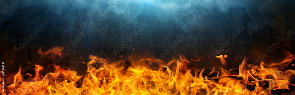 Flame, fire on the background. black walls and smoke. Wide background on  the theme of fire, elements, horror, hell, Halloween, etc. Stock Photo |  Adobe Stock