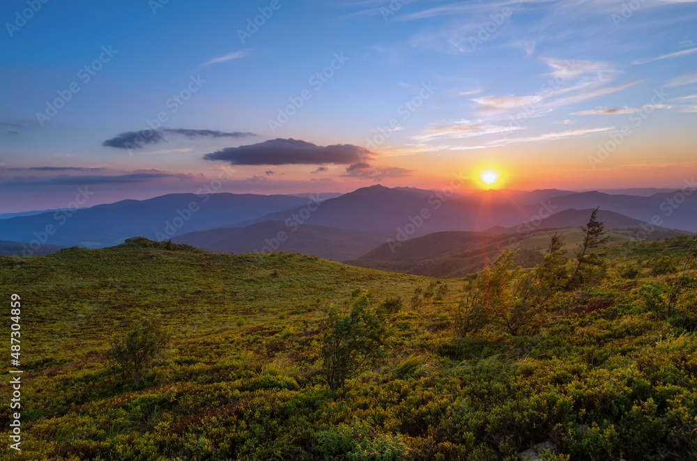 Sunrise seen from the summit of Bukowe Berdo towards the Bieszczady peaks, Bieszczady forest, mountains, Carpathians 