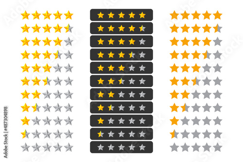 Stars rating design elements kit vector. Set of star shapes for ranking. Vector golden shiny rating 5 to 0 stars.