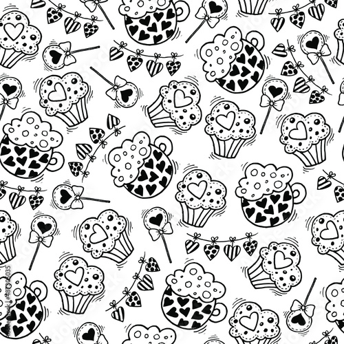 Cupcakes, coffee and sweets. Black and white illustration in the doodle style.