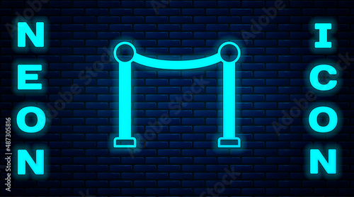 Glowing neon Rope barrier icon isolated on brick wall background. VIP event, luxury celebration. Celebrity party entrance. Vector