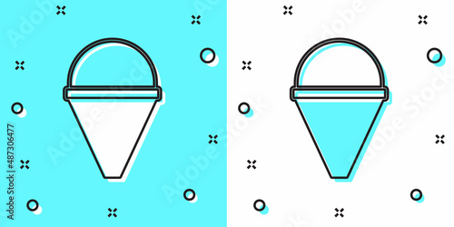 Black line Fire cone bucket icon isolated on green and white background. Metal cone bucket empty or with water for fire fighting. Random dynamic shapes. Vector