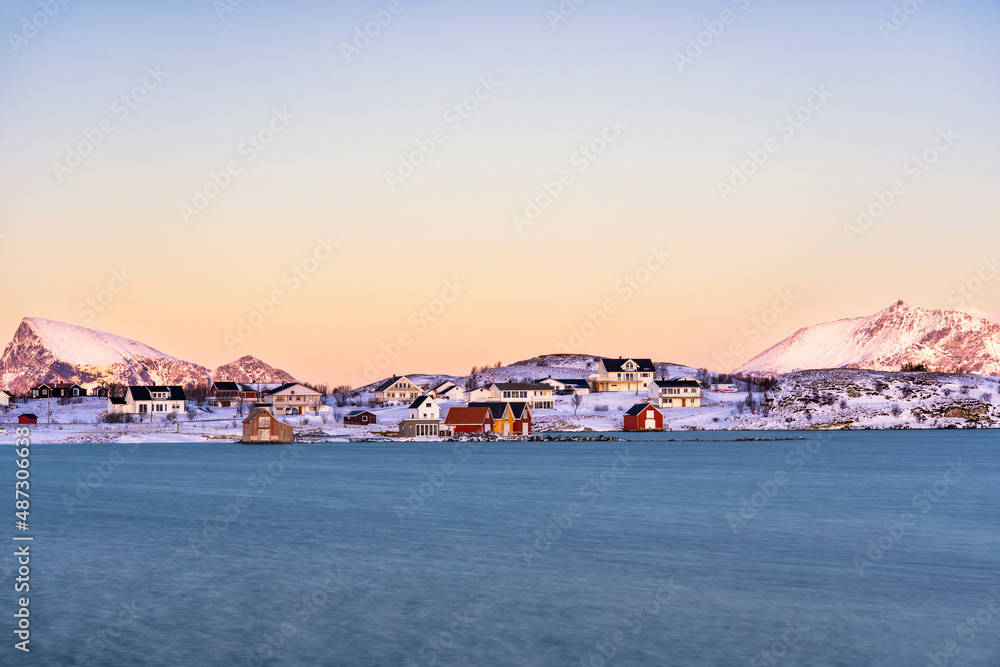 Panorama of Norway's island with sunset over the sea