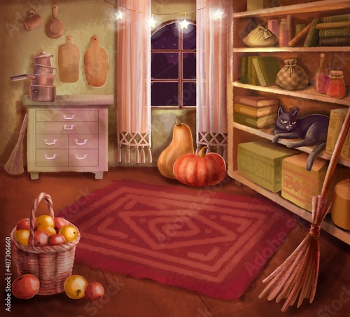 Room of the young sorceress. Black cat, broom and components for magic