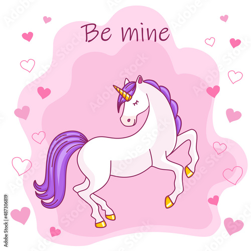 romantic greeting card with a unicorn, hearts, and the inscription be mine