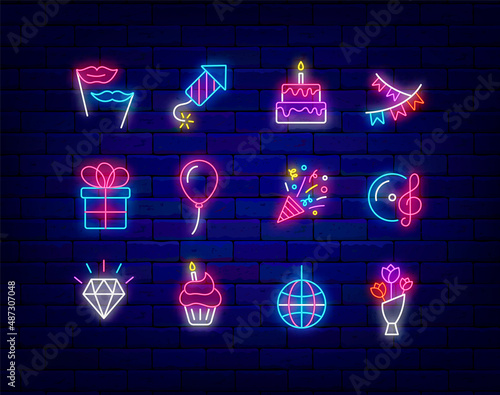 Festival and birthday neon signs collection. Party event. Light effect banner. Vector stock illustration