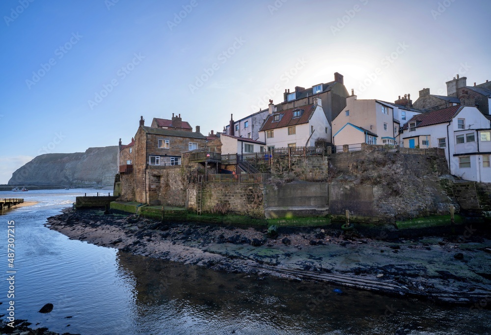 Staithes seaside town and sea defenses in North Yorkshire