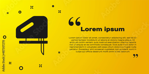 Black Electric jigsaw with steel sharp blade icon isolated on yellow background. Power tool for woodwork. Vector