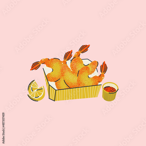 Fried tempura shrimp in a box with lemon and sauce. Fast Food. Bright illustration, print, postcard in vector.
