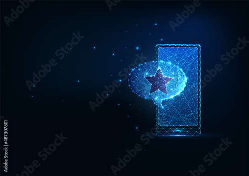 Futuristic customer experience, service review concept with glowing smartphone and speech bubble