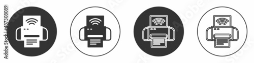 Black Smart printer system icon isolated on white background. Internet of things concept with wireless connection. Circle button. Vector