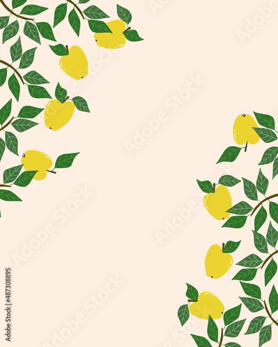 Design template with yellow apples and twigs on a light background.Vector hand drawn illustration, frame. Place for your text, copy space.