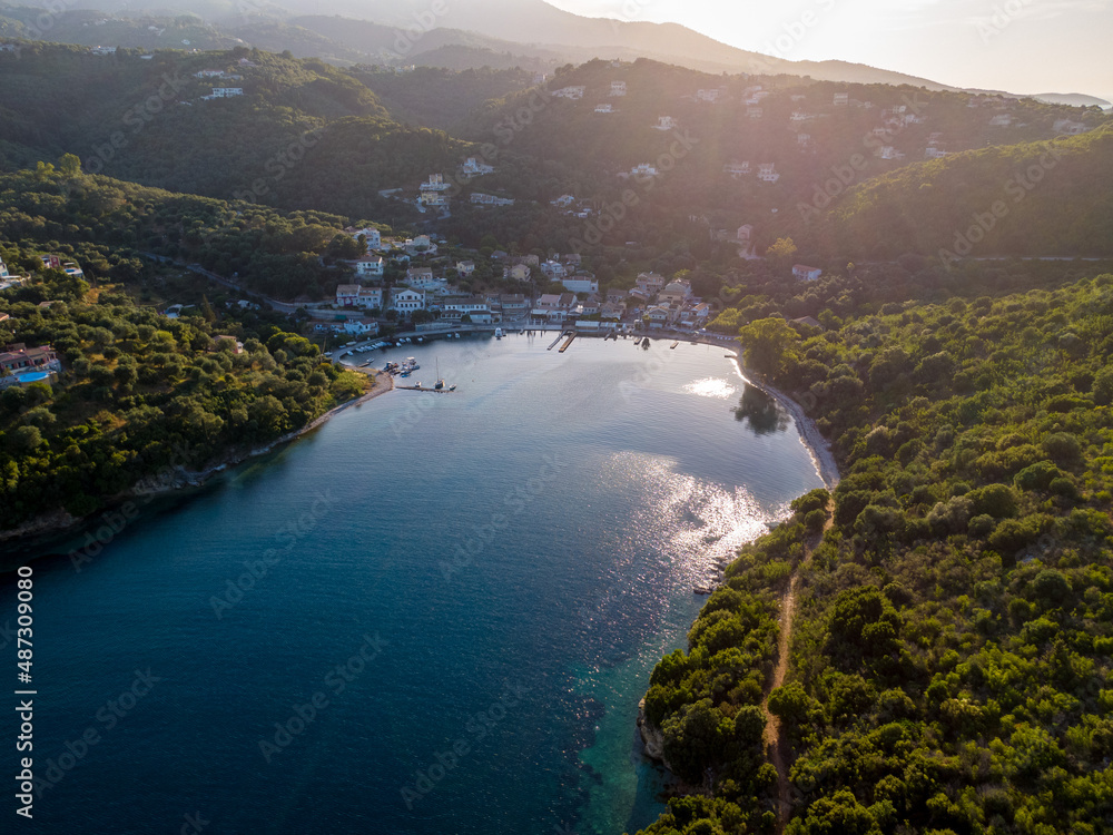 Aerial  view of beautiful agios stefanos harbour in corfu greece