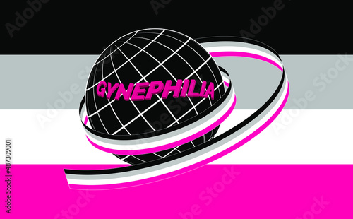 Gynephilia subculture symbol. Vector illustration. The ground, painted in the colors of the flag, is wrapped in a ribbon with the official flag of the LGBT community.