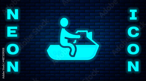 Glowing neon Jet ski icon isolated on brick wall background. Water scooter. Extreme sport. Vector