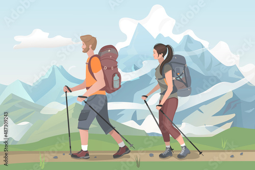 Couple with backpacks traveling together. Mountain tourism, recreation, trekking, hiking. Beautiful outdoor landscape. Vector illustration.