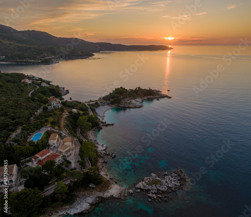 Aerial drone view of famous kassiopi beaches in north corfu greece 