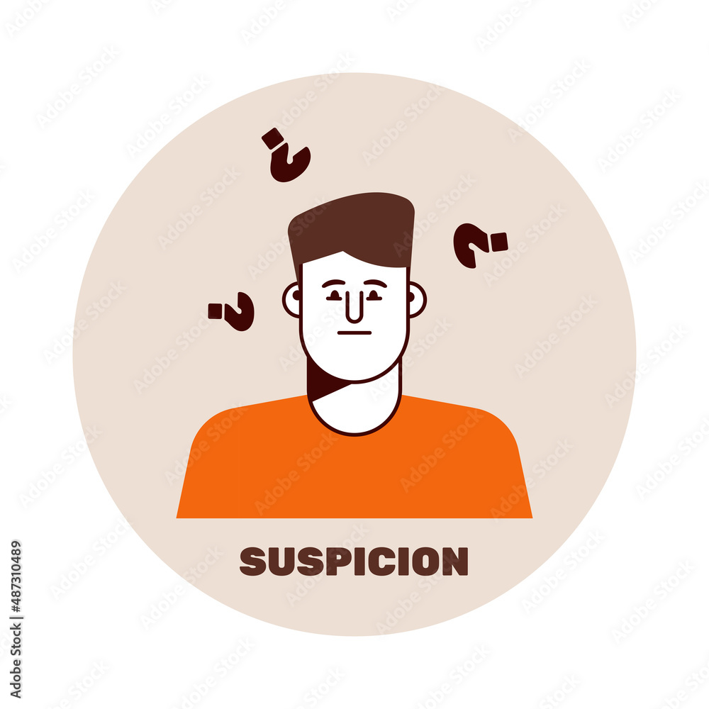 Flat portrait of a suspicious man, distrust. Vector image of emotion. Flat portrait of a suspicious man, distrust. Vector image of emotion.