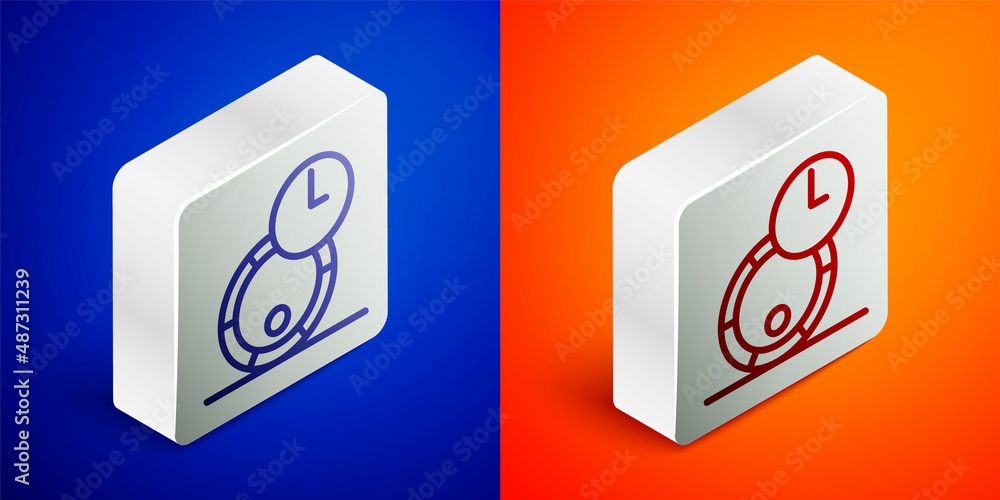 Isometric line Wooden barrel for wine icon isolated on blue and orange background. Aging of wine in a barrel. Silver square button. Vector Isometric line Wooden barrel for wine icon isolated on blue and orange background. Aging of wine in a barrel. Silver square button. Vector