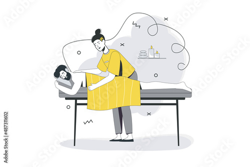 Spa salon flat line concept. Man lies on couch, receives professional back massage and skincare procedures and enjoys aromatherapy. Vector illustration with outline people scene for web banner design