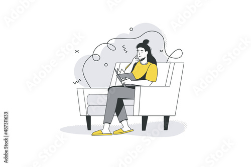 People reading books flat line concept. Young girl bookworm reads novel or story while sitting in cozy chair. Woman lover of literature. Vector illustration with outline scene for web banner design