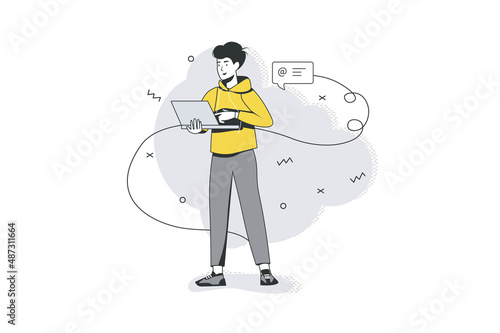 People sit in gadgets flat line concept. Man uses laptop and responds to email or message. Internet addiction on online communication. Vector illustration with outline scene for web banner design