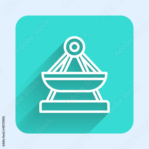 White line Boat swing icon isolated with long shadow background. Childrens entertainment playground. Attraction riding ship, swinging boat. Amusement park. Green square button. Vector