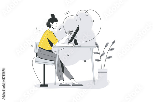 Design studio flat line concept. Woman illustrator drawing on graphics tablet and working on creative art project in office. Vector illustration with outline people scene for web banner design