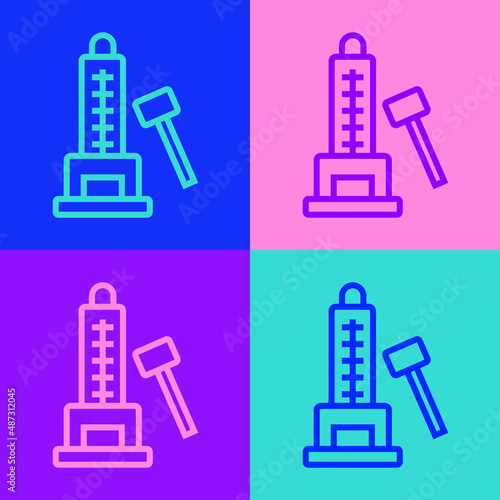 Pop art line High striker attraction with big hammer icon isolated on color background. Attraction for measuring strength. Amusement park. Vector
