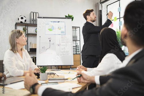 Caucasian man in suit making flip chart presentation to multiracial business people during office meeting. Group of company workers discussing finance strategy at boardroom.