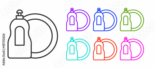 Black line Dishwashing liquid bottle and plate icon isolated on white background. Liquid detergent for washing dishes. Set icons colorful. Vector