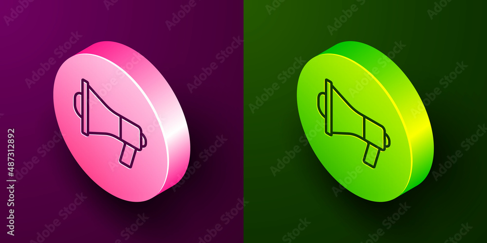 Isometric line Megaphone icon isolated on purple and green background. Speaker sign. Circle button. Vector Isometric line Megaphone icon isolated on purple and green background. Speaker sign. Circle button. Vector