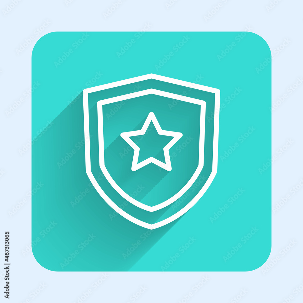 White line Police badge icon isolated with long shadow background. Sheriff badge sign. Green square button. Vector White line Police badge icon isolated with long shadow background. Sheriff badge sign. Green square button. Vector