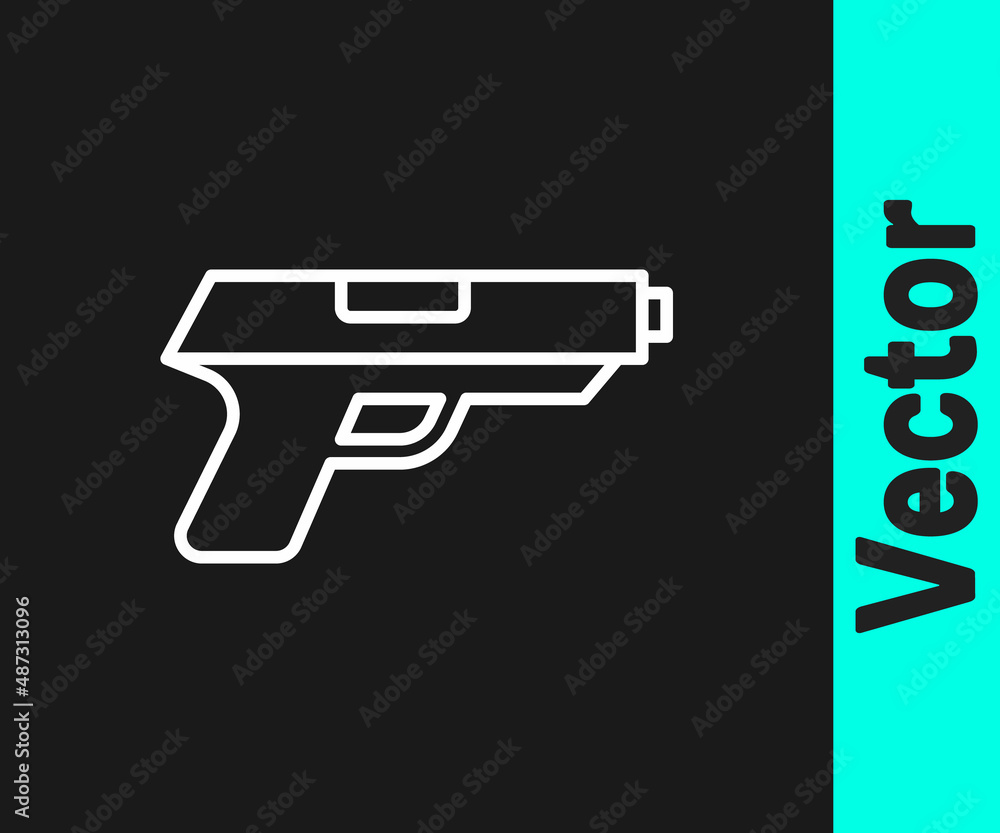 White line Pistol or gun icon isolated on black background. Police or military handgun. Small firearm. Vector