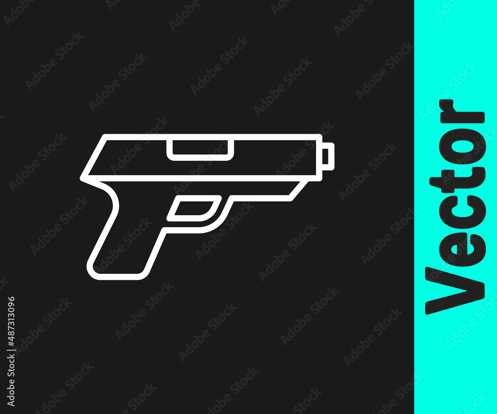 White line Pistol or gun icon isolated on black background. Police or military handgun. Small firearm. Vector White line Pistol or gun icon isolated on black background. Police or military handgun. Small firearm. Vector