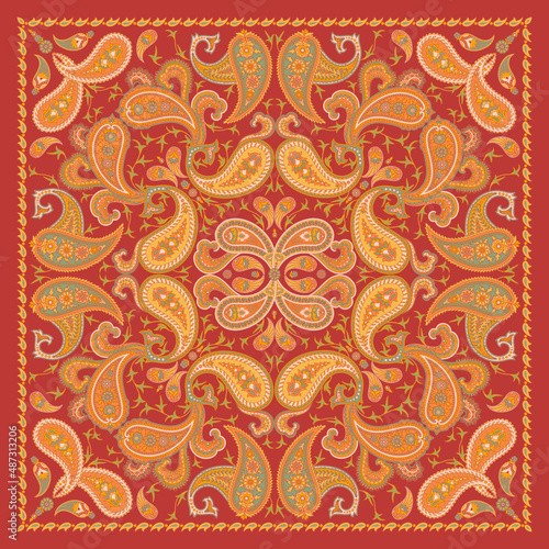 Square design for shawls,  napkins, pillowcases, tablecloths. Oriental ornament in the style of Paisley. Indian style.