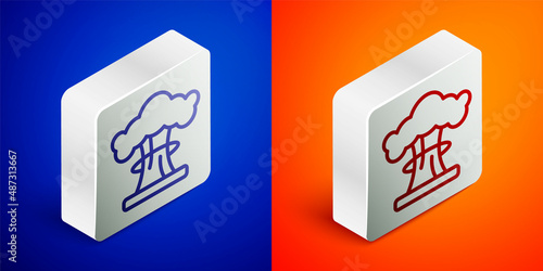 Isometric line Nuclear explosion icon isolated on blue and orange background. Atomic bomb. Symbol of nuclear war, end of world. Silver square button. Vector