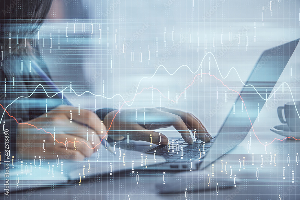 Double exposure of businesswoman hands typing on computer and forex graph hologram drawing. Financial analysis concept. Double exposure of businesswoman hands typing on computer and forex graph hologram drawing. Financial analysis concept.